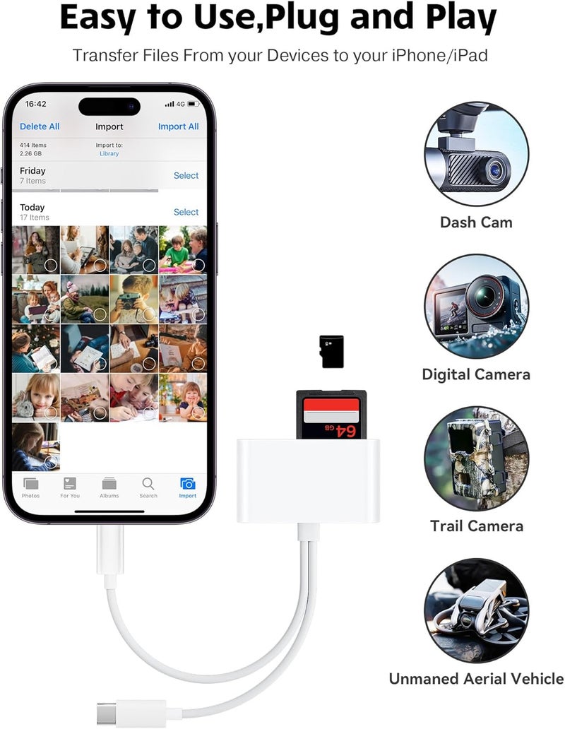 SUNTRSI SD Card Reader for iPhone iPad Camera with USB C, Dual Card Slot Memory Card Reader Supports SD/TF Card Trail Camera Viewer SD Card Adapter Portable Micro SD Card Reader No App Plug and Play - Image 3